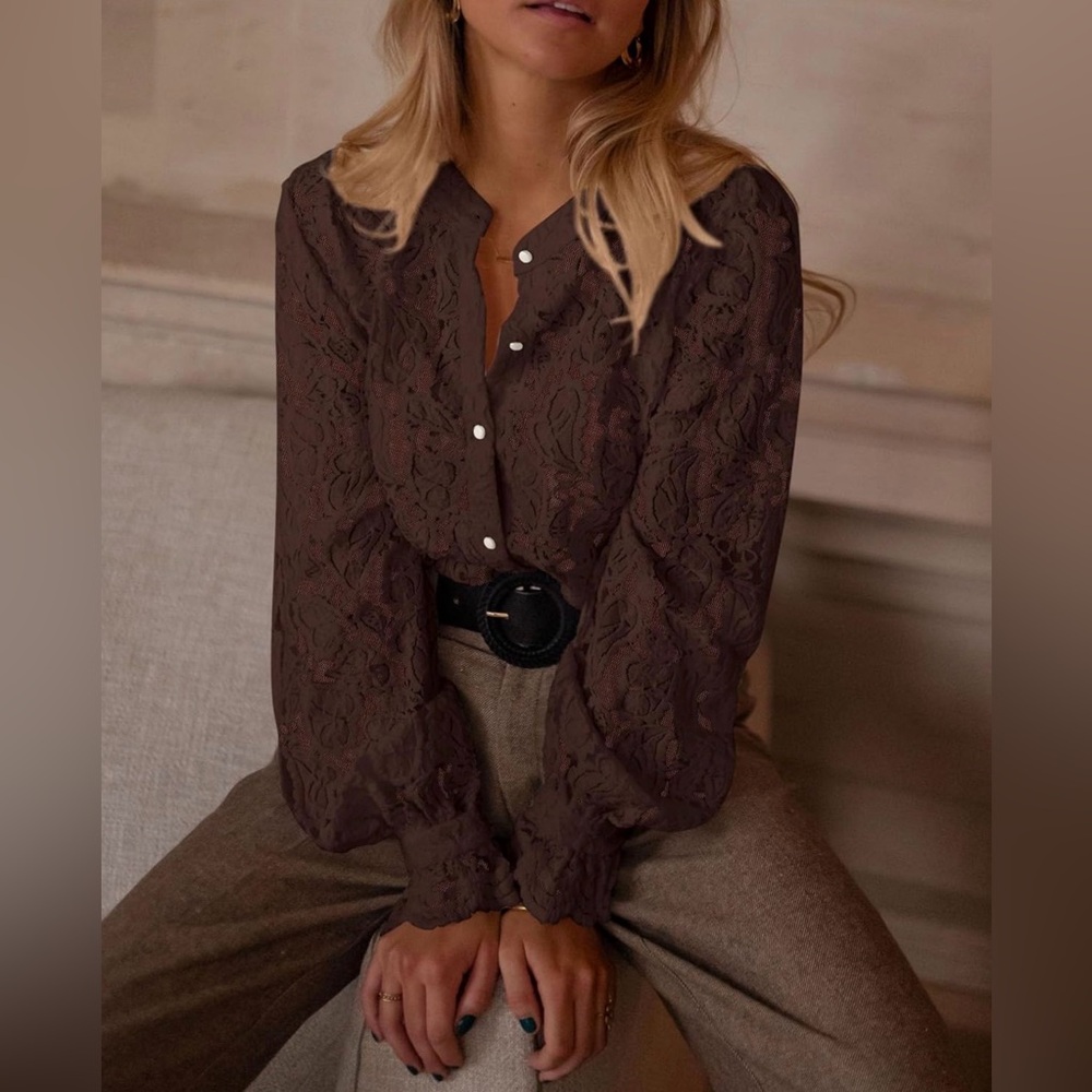 PRETTYGARDEN Dressy Casual Lace Blouse Button Up Shirts Tops Spring Fall Clothes - Picture 5 of 8